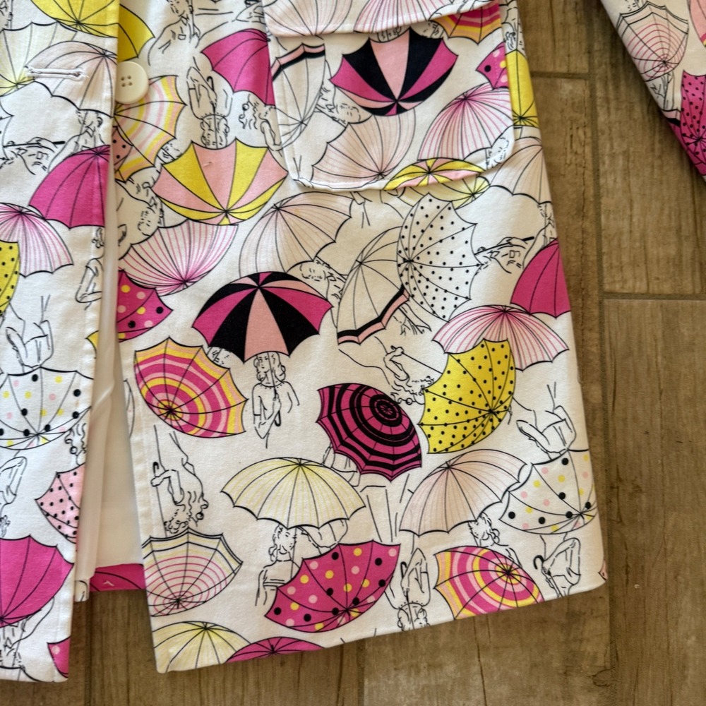 Andrea Viccaro Women Pink Yellow Umbrella Pinup Print Cotton Trench Coat Size 10 - Picture 3 of 12